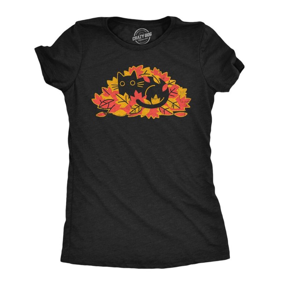 Womens Funny T Shirts Cat Leaf Pile Cute Fall Tee For Ladies
